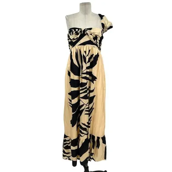 Anthropologie Let Me Be Maxi Dress Palm Printed One Shoulder Cream Black Size MP - Picture 2 of 14